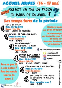 Lire la suite à propos de l’article >>14 – 17 ANS : Programme des activités de mars et d’avril 2018